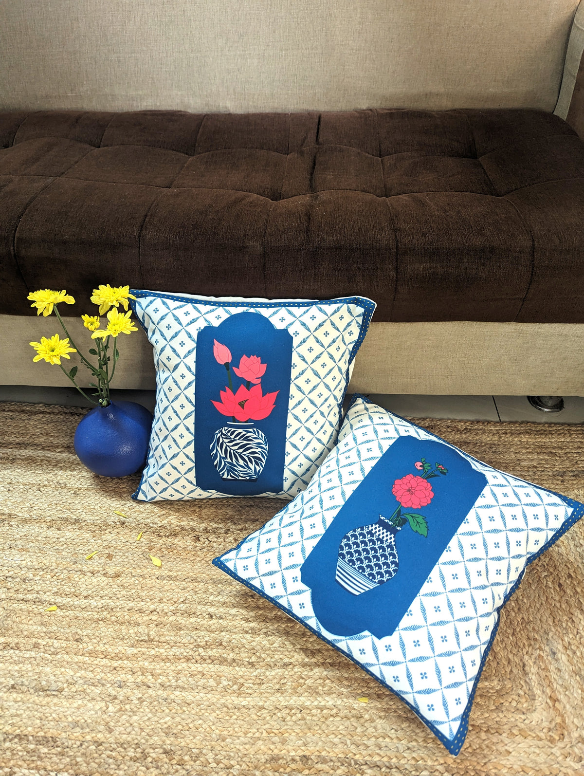 Blue Pottery Cushion Covers - Set of 2