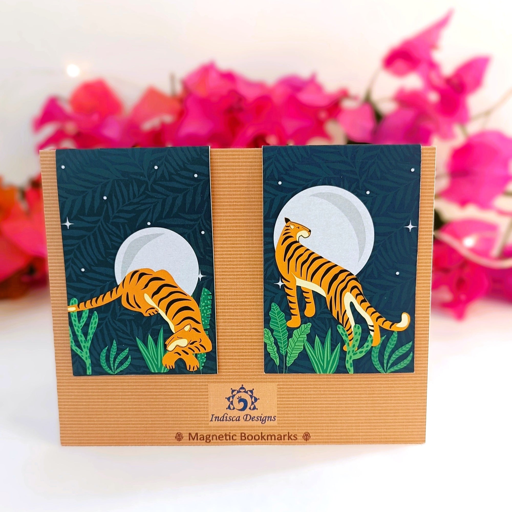 Madhubani tigers under starry night sky( Set of 2 )