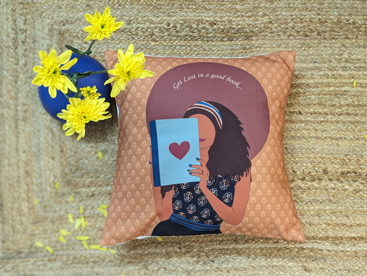 Printed Lost in the book themed cushion cover