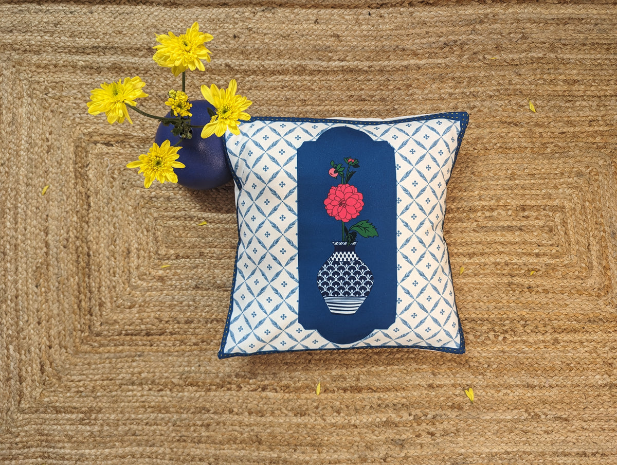Printed Dahilya Blue Pottery Cushion Cover I Size: 16inch X 16inch I Canvas fabric